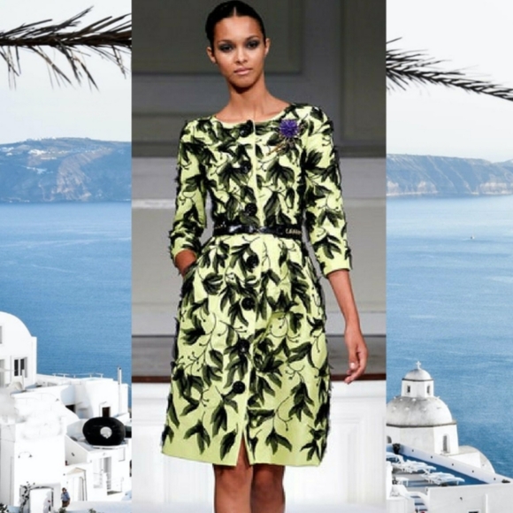 *$7,000 OSCAR DE LA RENTA EXQUISITE GREEN SILK BEAD LEAF RUNWAY COAT 4 - Picture 12 of 13